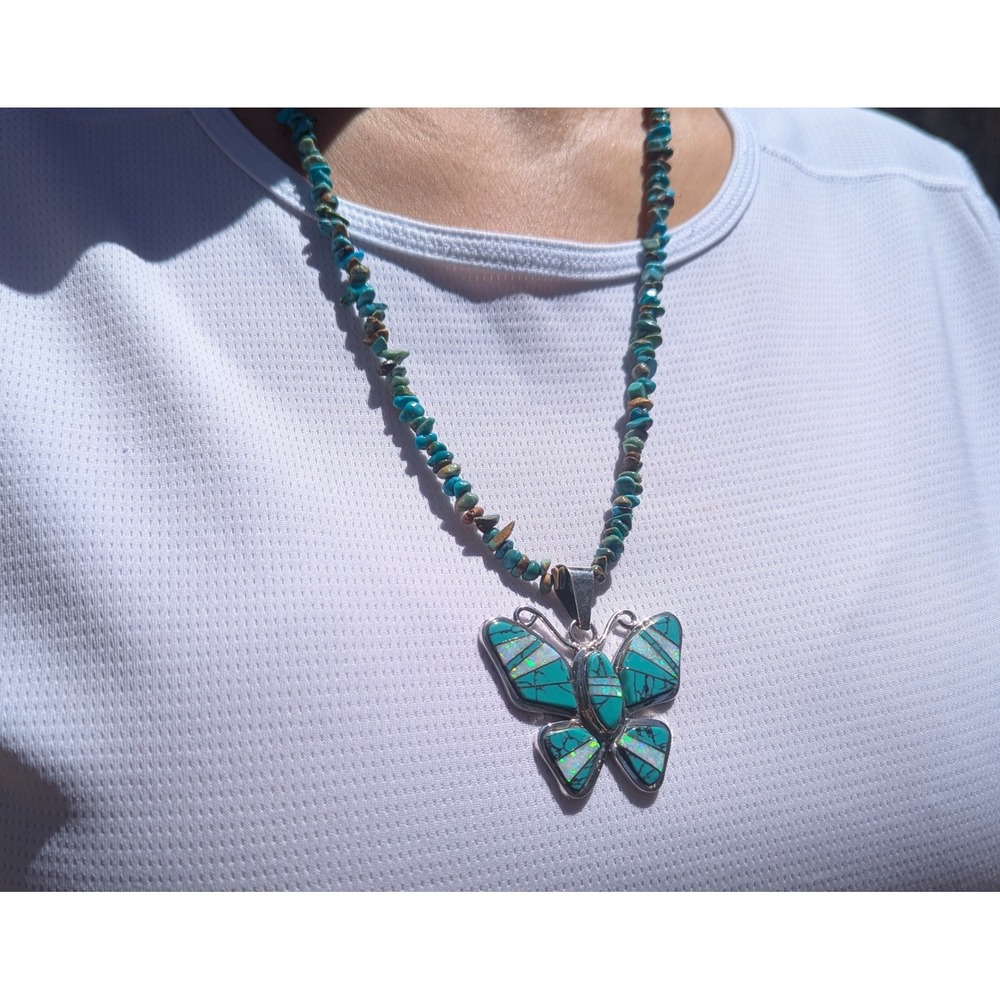 Navajo Pendant Necklace Turquoise Butterfly Handmade Native Am Jewelry ***